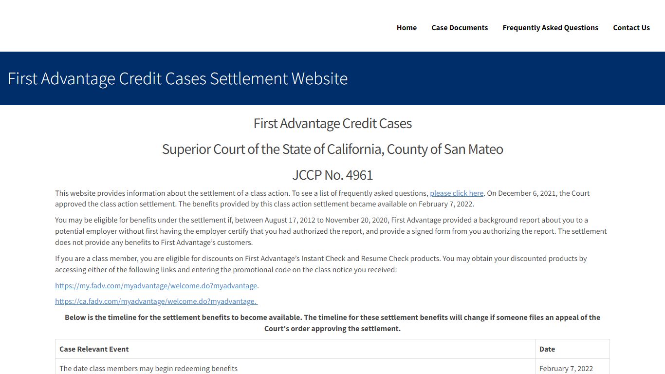 First Advantage Credit Cases Settlement Website