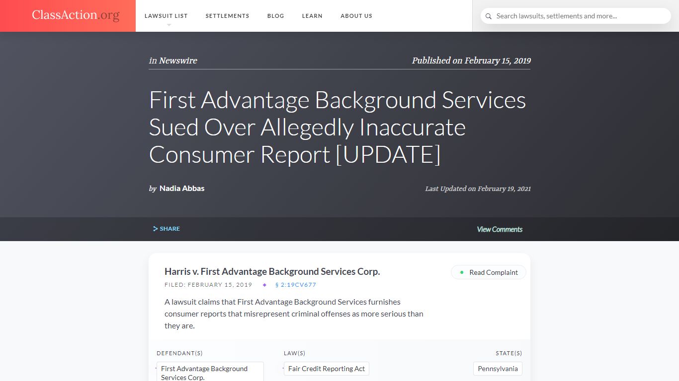 First Advantage Background Services Sued Over Allegedly Inaccurate ...