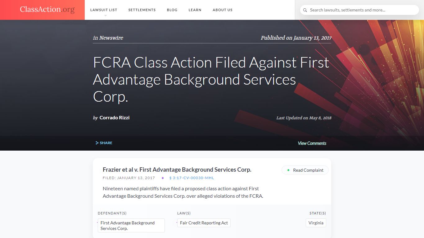 FCRA Class Action Filed Against First Advantage Background Services Corp.